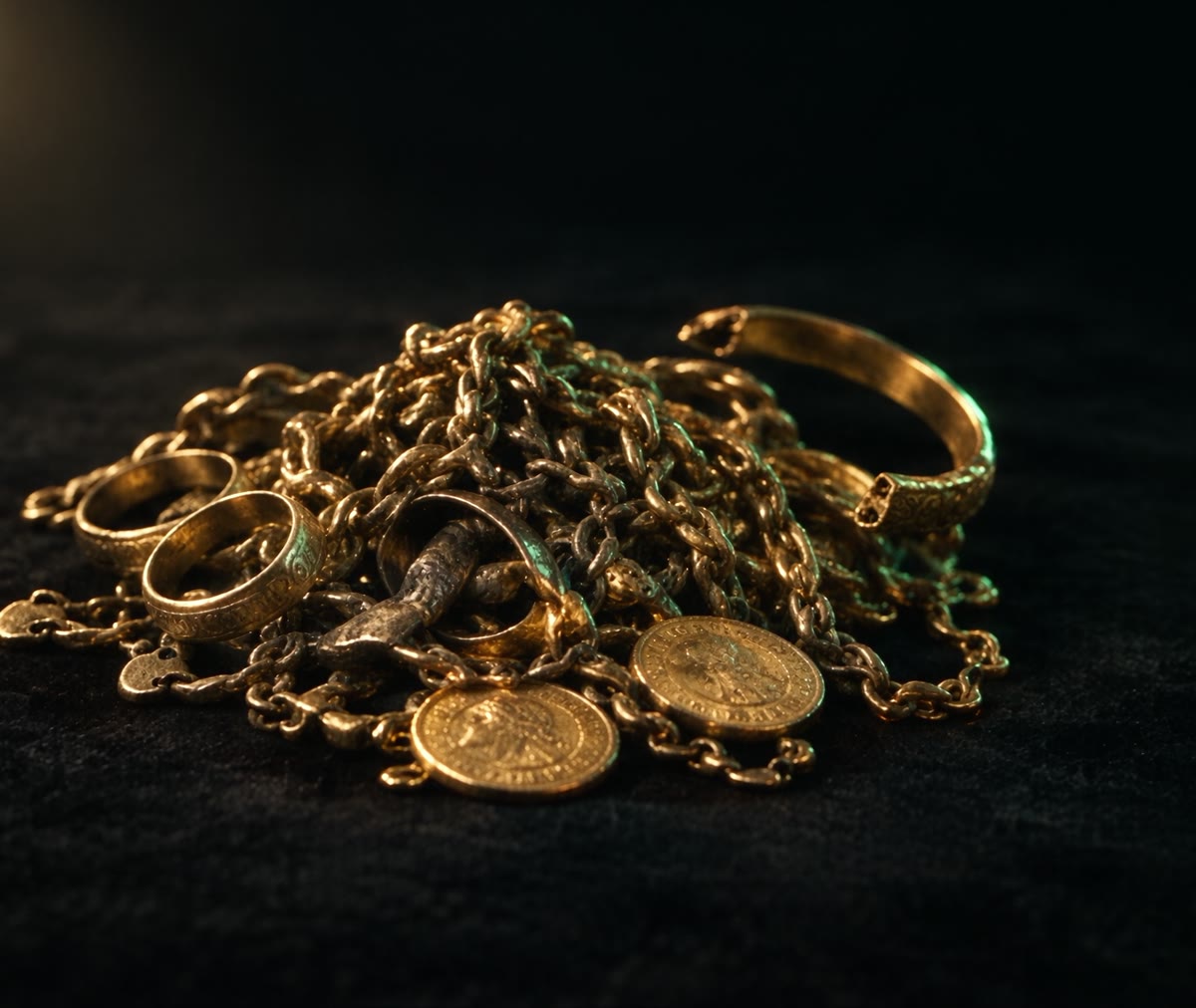 Old gold coins and chains on black velvet, a still from the film at the top of this page