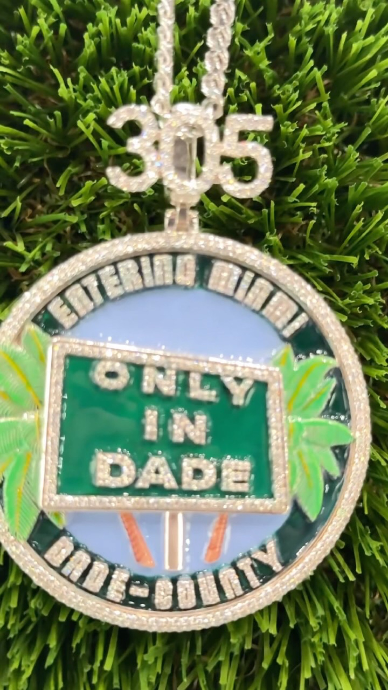 A diamond pendant shaped like a green Only In Dade street sign